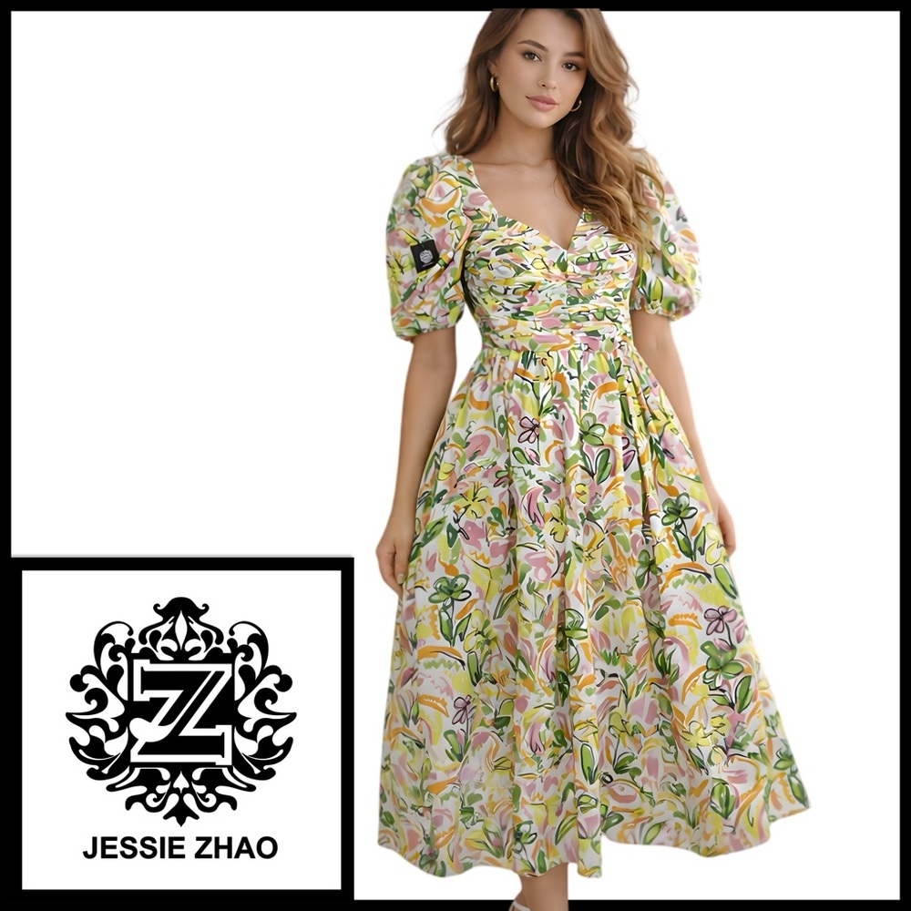 NWT Jessie Zhao Wonderland Floral Taffeta Pink White Green Midi Dress Size 4